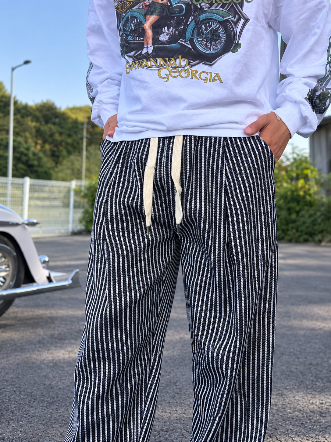 TWO J ROAD 남여공용 바이크 라이딩 히코리 스트라이프 모직 와이드 벤딩 펜츠